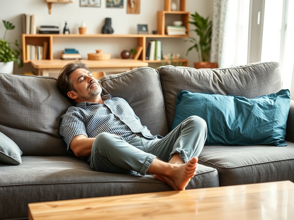 A parent relaxing on the couch, feeling at peace with the chaos of family life