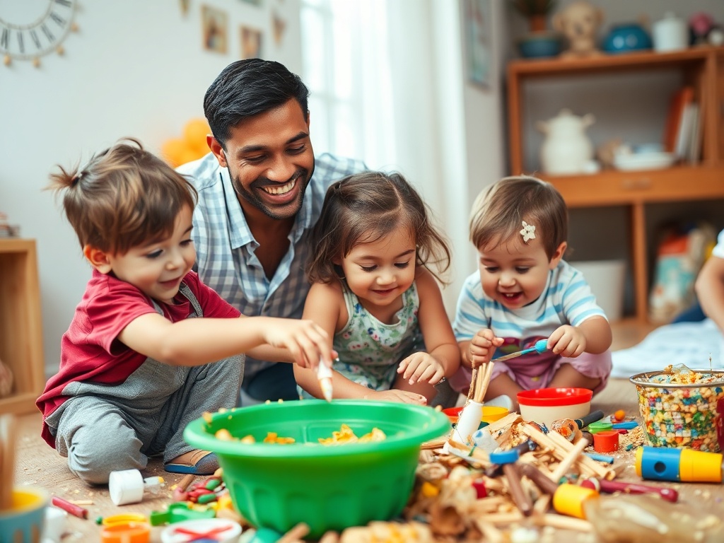 A parent smiling while their children create a mess