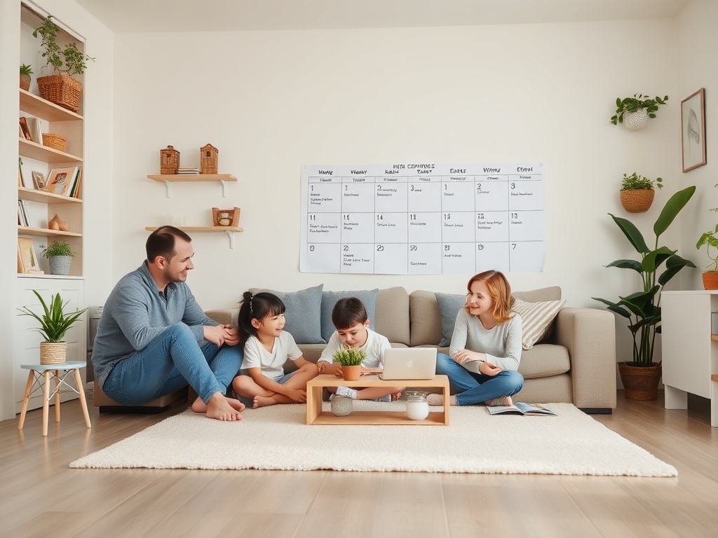 A well-organized family home with a clear schedule visible