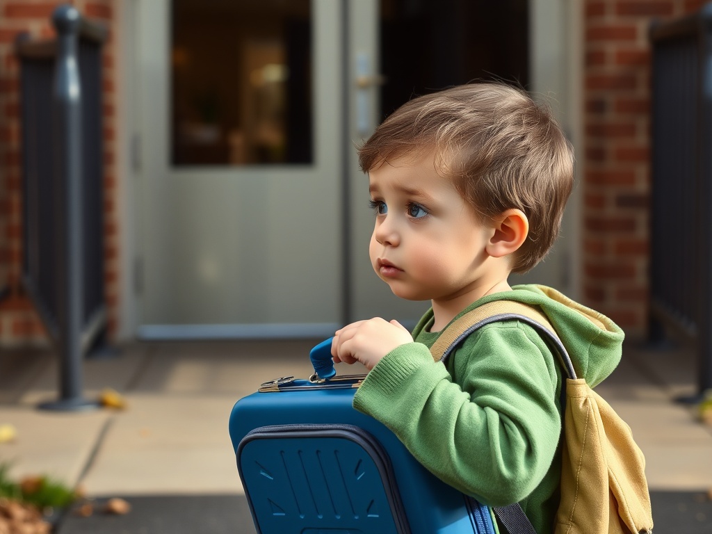 child forgetting lunchbox looking thoughtful at school entrance, natural consequence moment