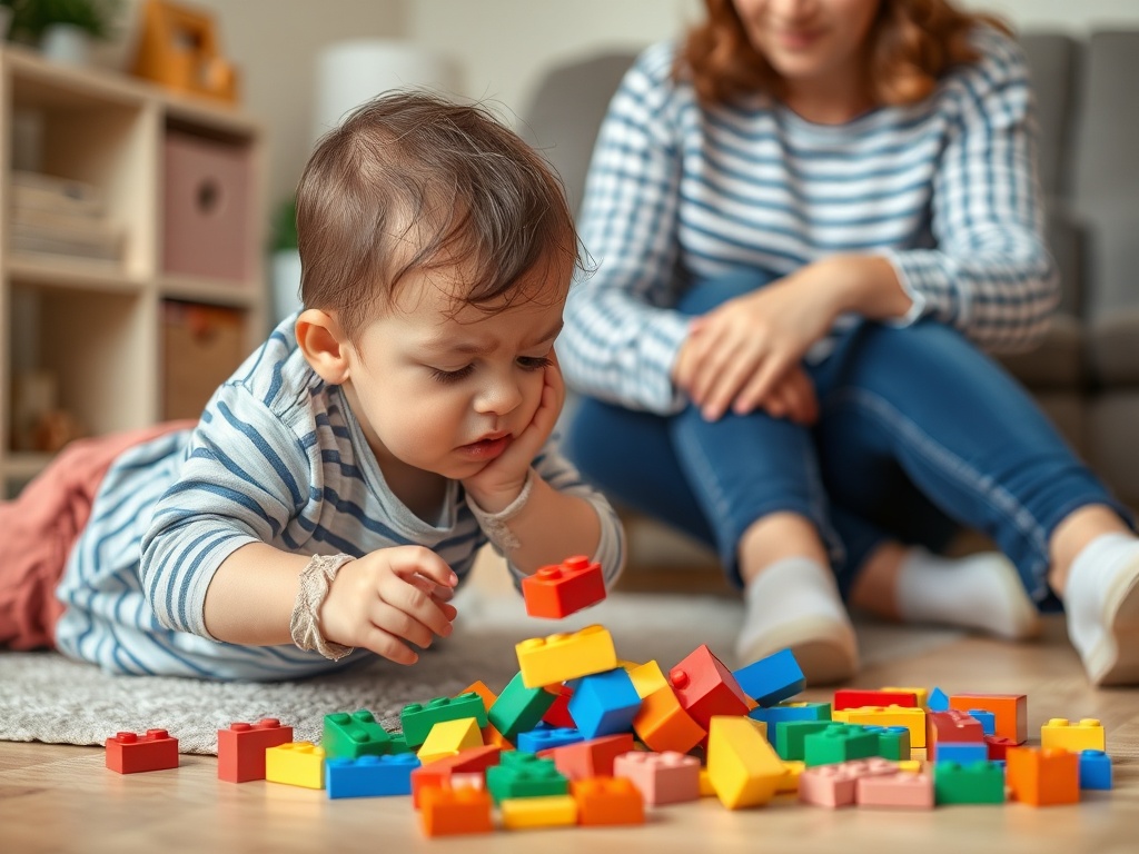 child frustrated building blocks falling over, parent sitting nearby calmly acknowledging feelings
