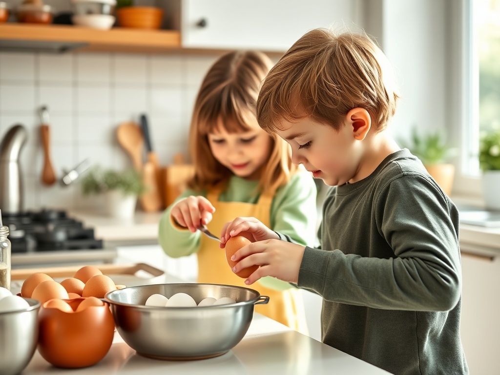 child helping cook, cracking eggs carefully, parent nearby guiding lightly, bright kitchen