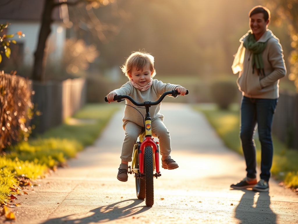 child learning to ride a bike after falling, parent watching calmly, golden hour lighting, realistic family moment