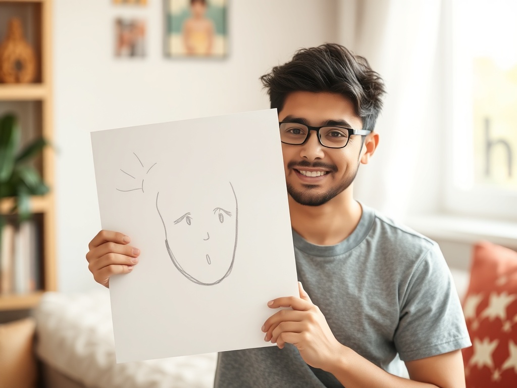 child proudly showing imperfect drawing to parent smiling warmly, soft natural light