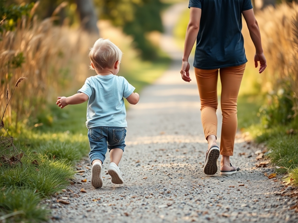 child walking confidently ahead on path while parent follows supportively, symbolic growth moment