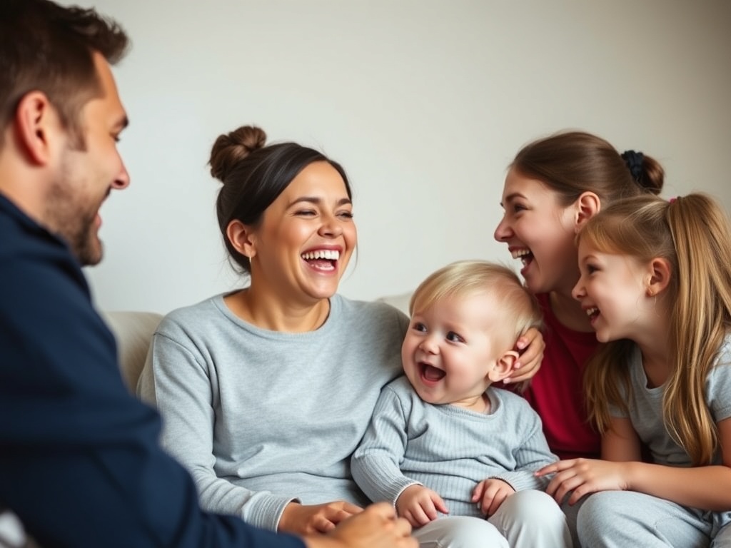 family laughing together after small chaotic moment, candid authentic parenting scene