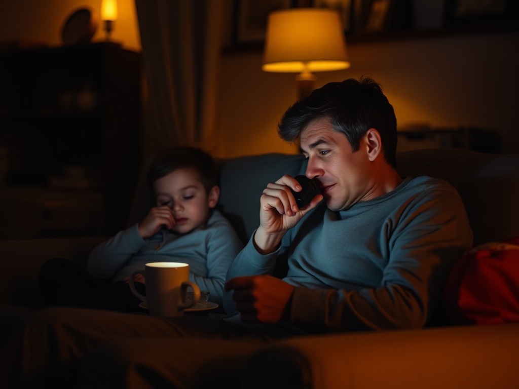 parent sitting quietly with coffee after kids asleep, dim warm lighting, reflective moment