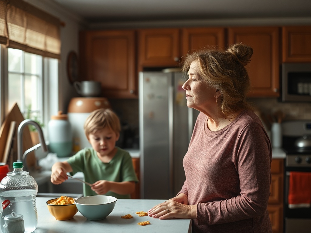 parent taking deep breath during chaotic morning with kids, messy kitchen, realistic scene