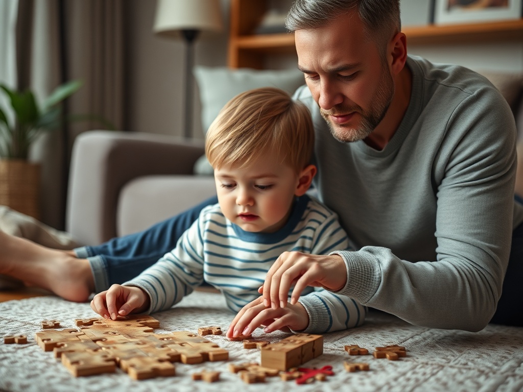 parent watching child solve puzzle independently, slight frustration on child's face, cozy living room