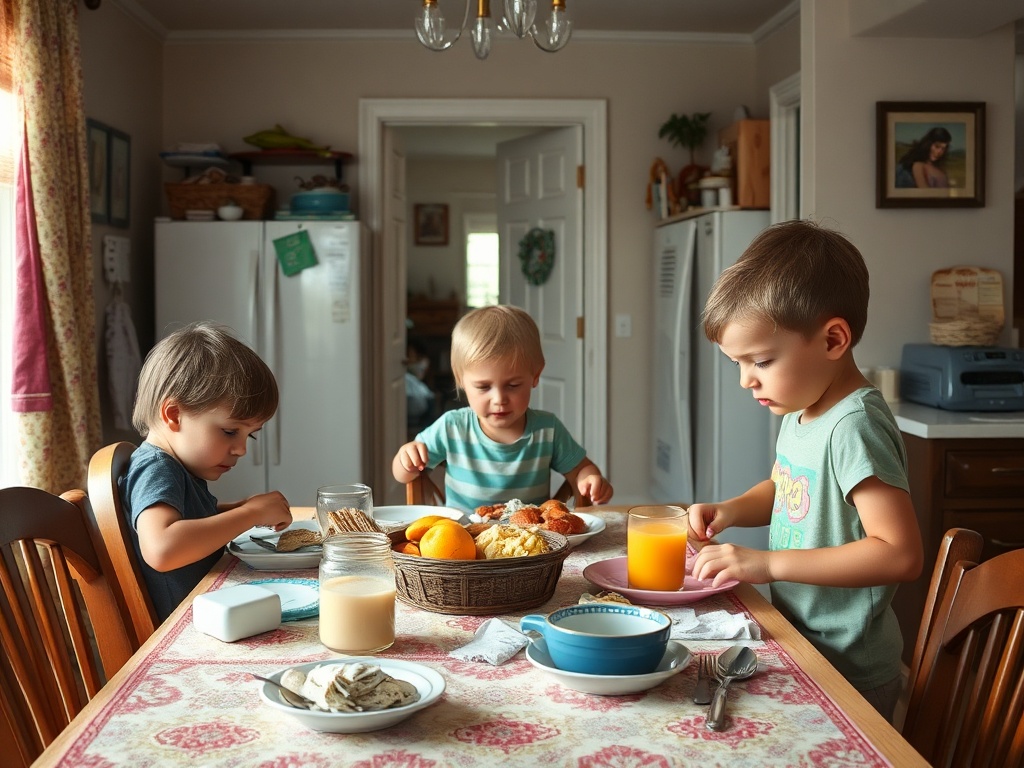 busy household morning chaos kids getting ready clutter breakfast table candid realistic