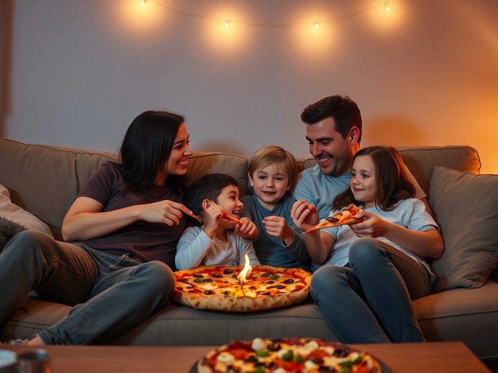 family relaxed evening pizza night couch casual happy imperfect parenting moment