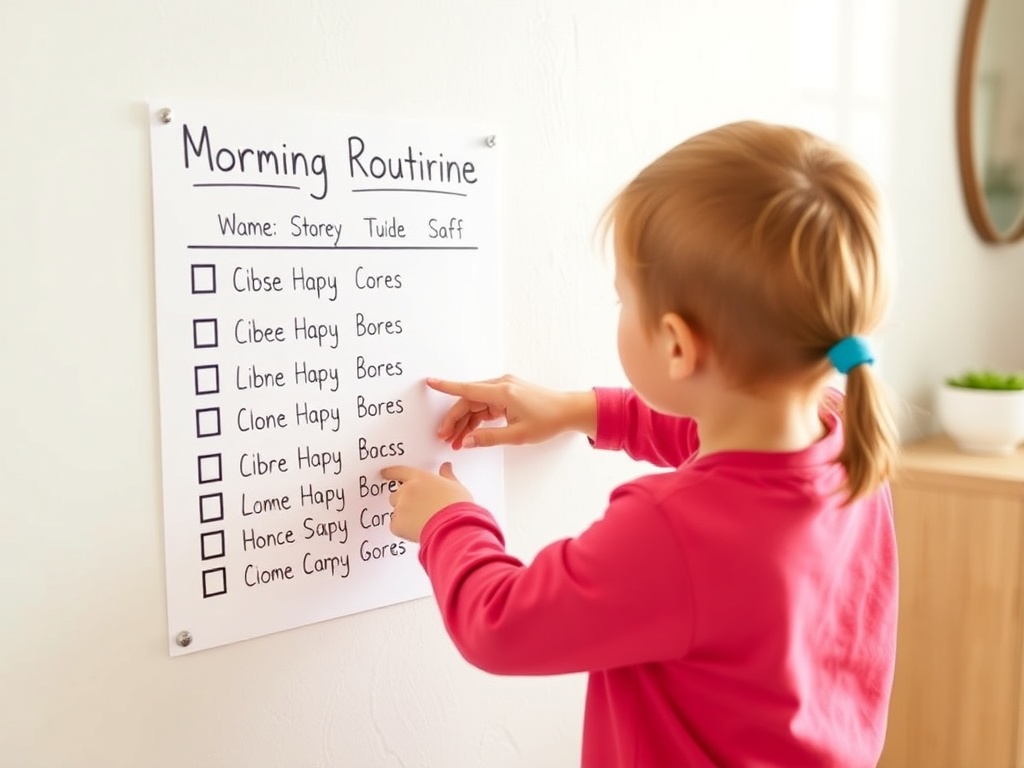 organized kids morning routine checklist on wall child pointing visual schedule bright home