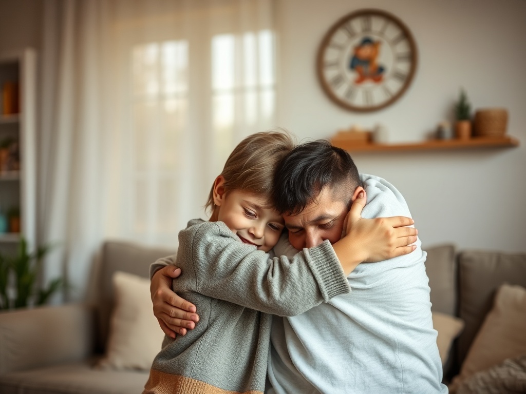 parent and child hugging after conflict cozy home environment soft warm tones