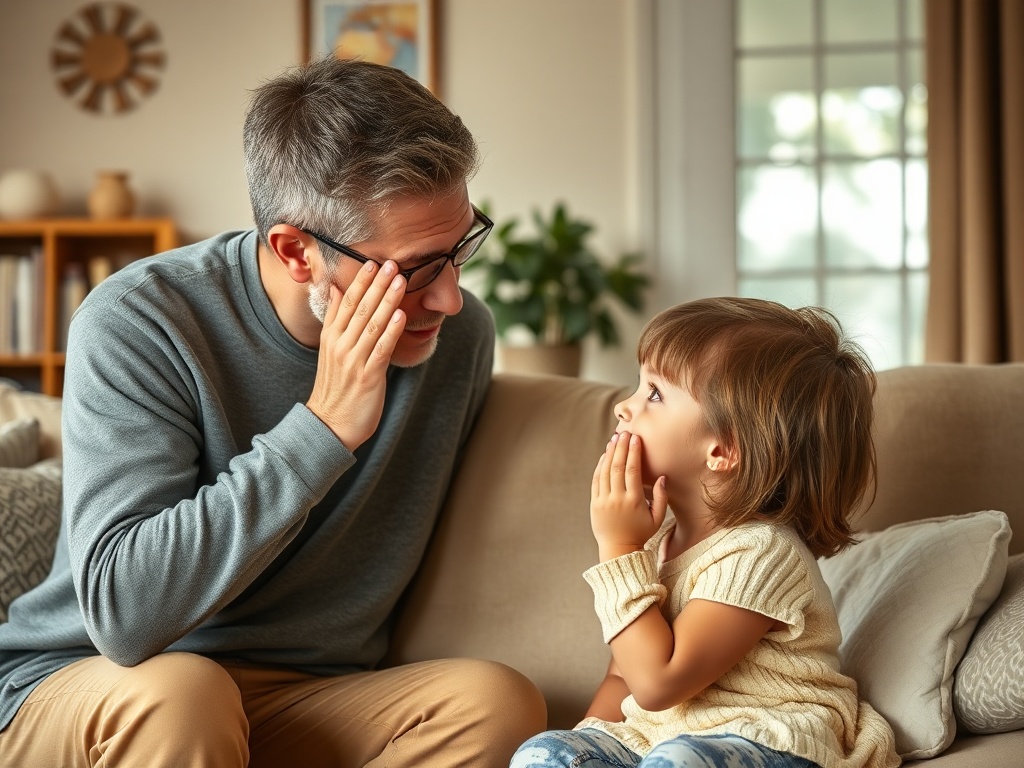 parent apologizing to child sincere eye contact gentle home setting