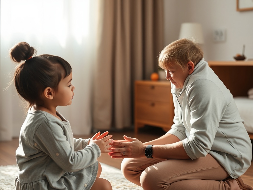 parent kneeling to talk calmly to child eye level soft lighting authentic emotional moment