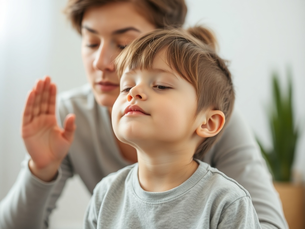 parent taking deep breath eyes closed child nearby quiet moment self regulation