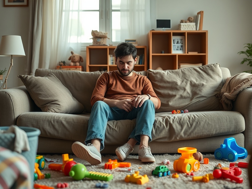 tired parent sitting on couch with messy living room toys scattered warm natural light realistic scene