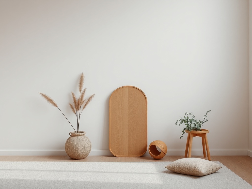 calm minimalist space with few meaningful objects, peaceful balanced life
