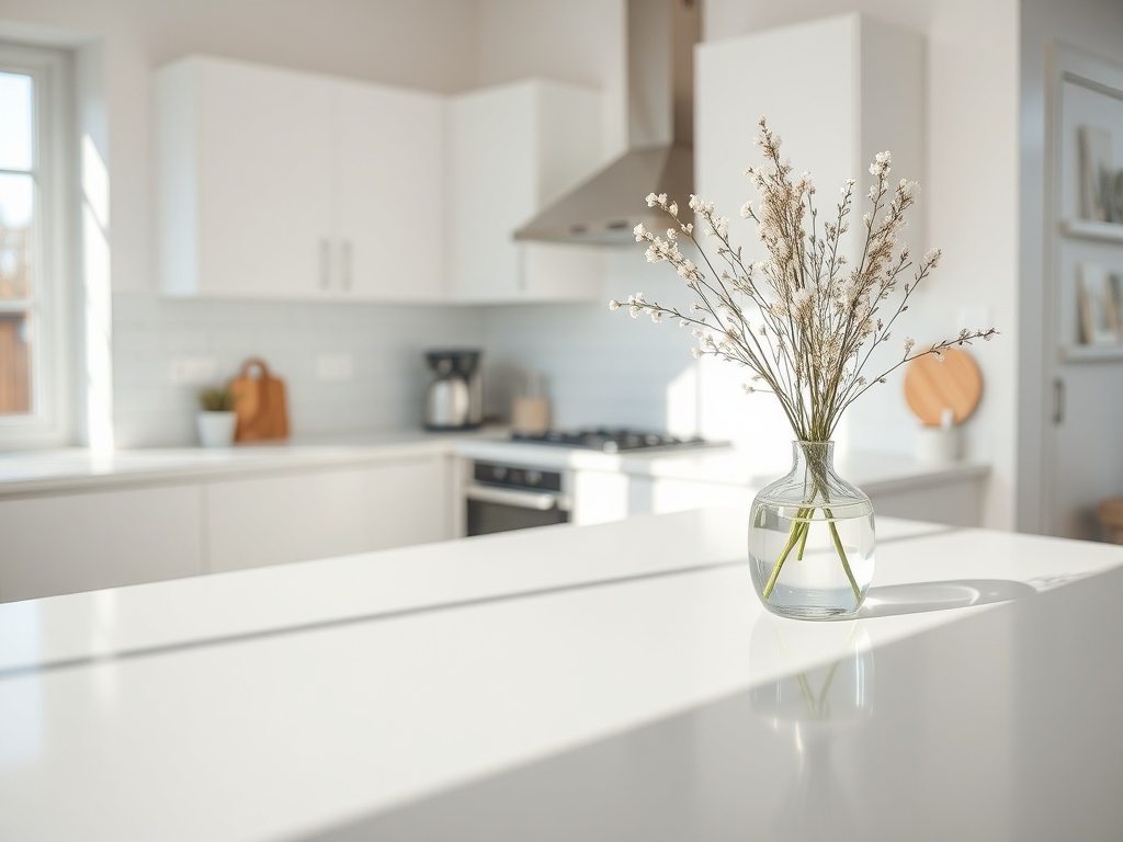 clean kitchen counter with one vase and sunlight, clutter-free modern home