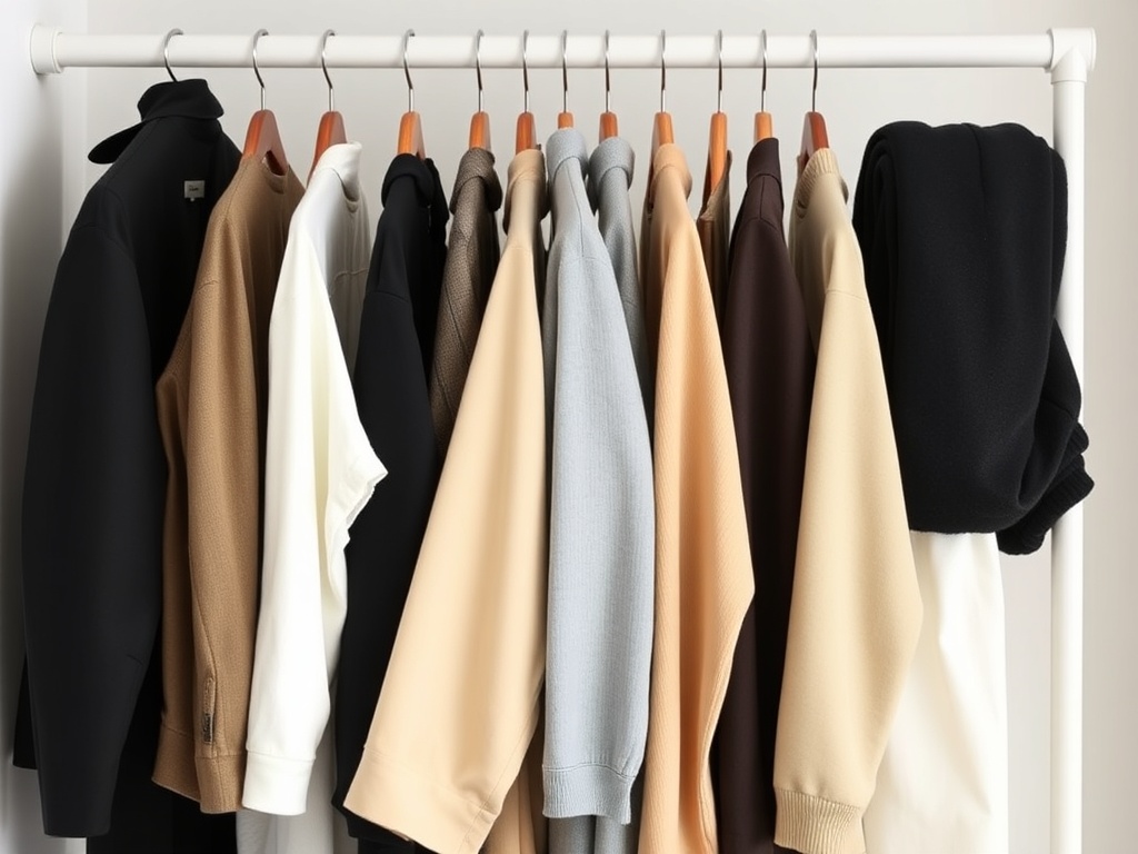 minimal capsule wardrobe neatly arranged, neutral colors, modern clean aesthetic