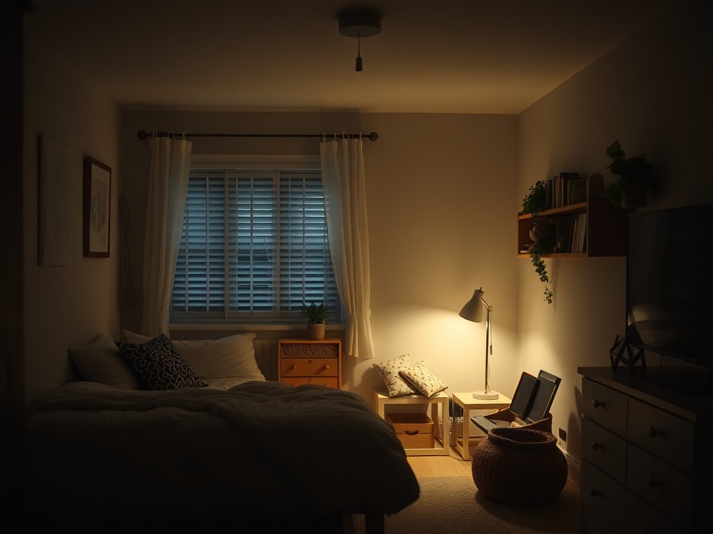 nighttime routine tidy home, dim lighting, calm organized space