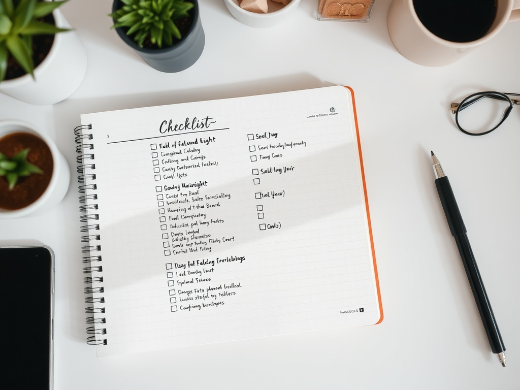 notebook with organized checklist, minimal desk, calm productivity vibe