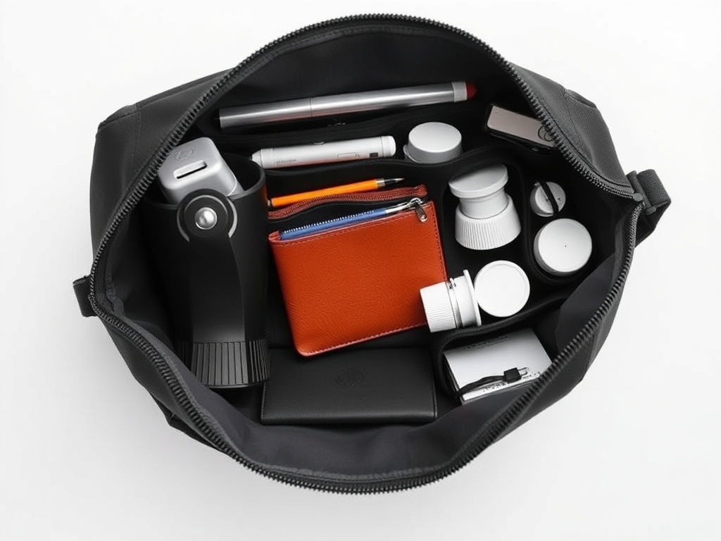 organized work bag essentials neatly arranged, modern minimal style