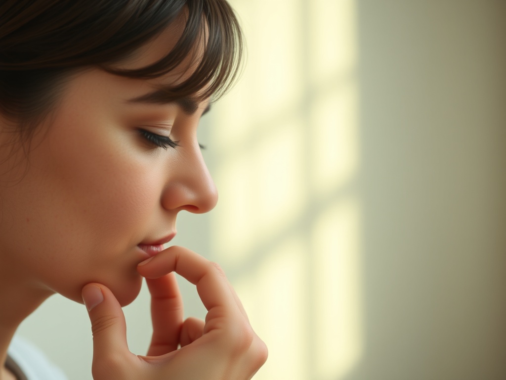 person calmly responding to message, thoughtful pause, composed demeanor