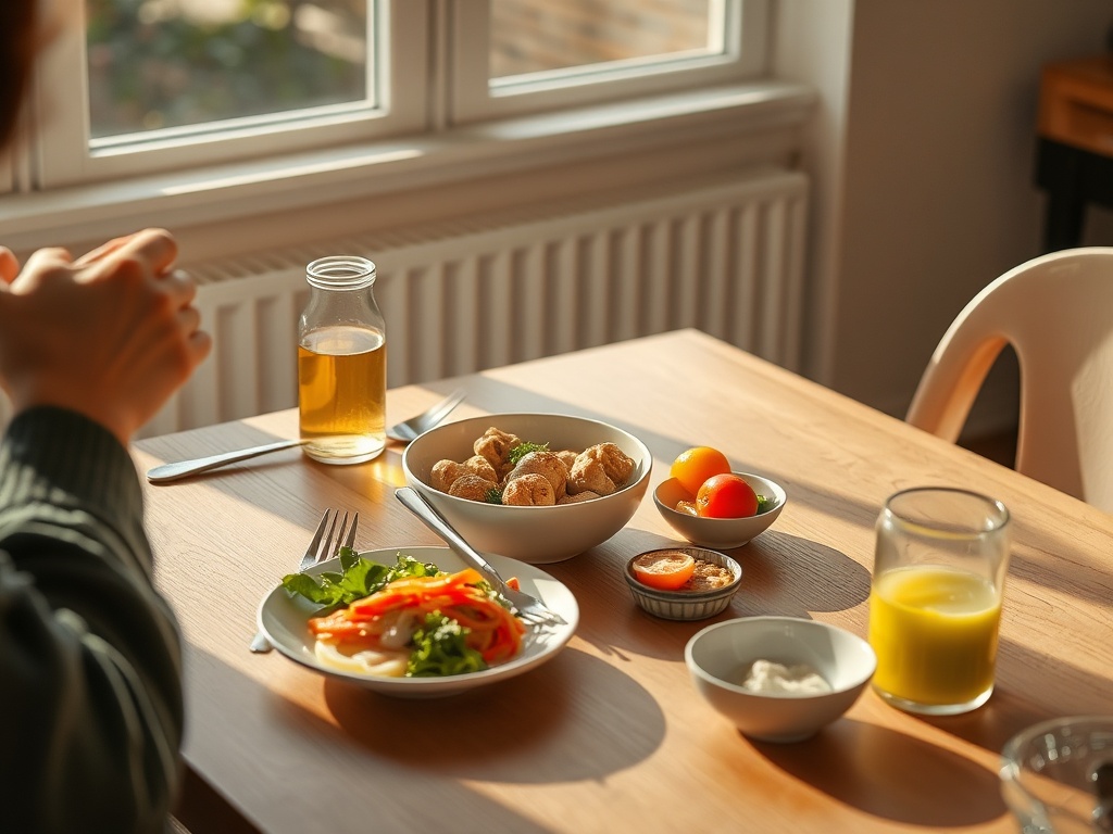 simple meal at table no phone, natural light, mindful eating scene
