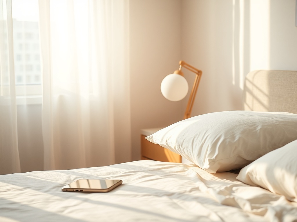 soft morning light bedroom, phone on nightstand untouched, calm minimal aesthetic, neutral tones