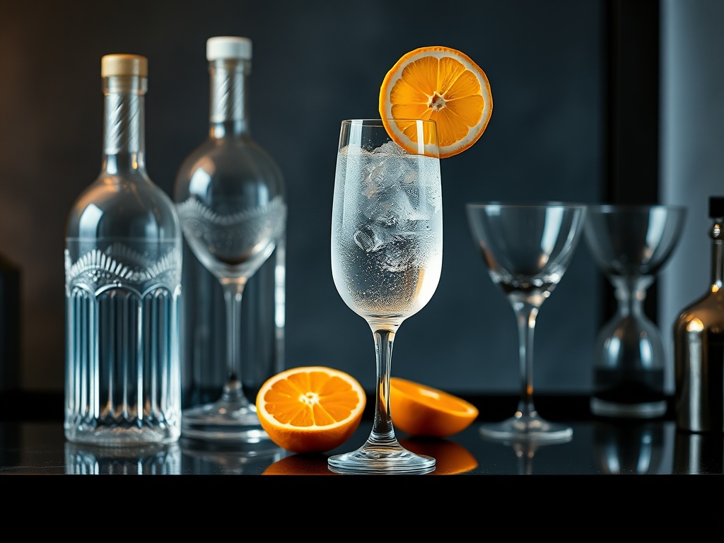 stylish home bar setup minimal, sparkling water, citrus garnish, elegant glass