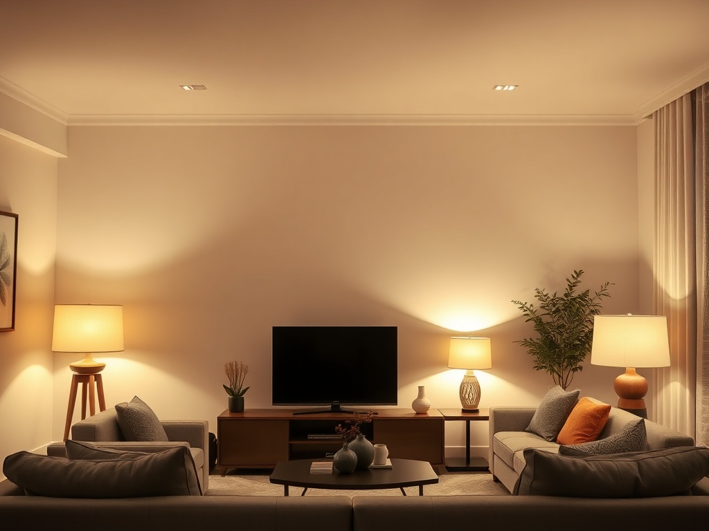 warm ambient lighting living room, layered lamps, cozy modern interior