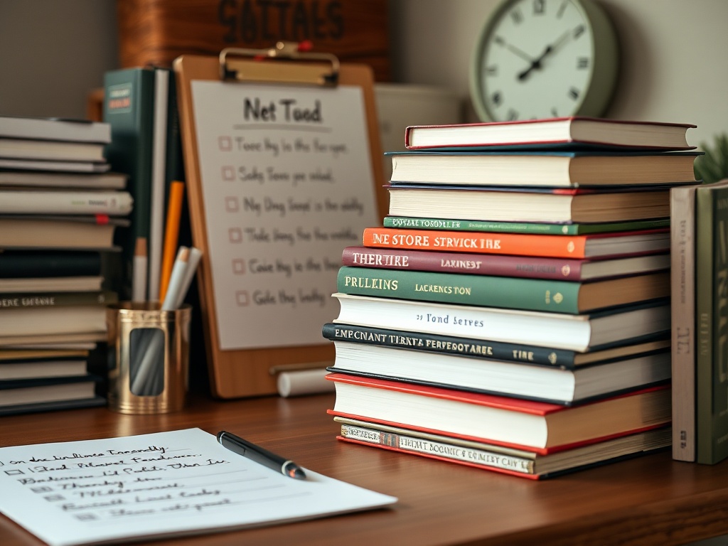 an organized workspace with neatly stacked books and a to-do list