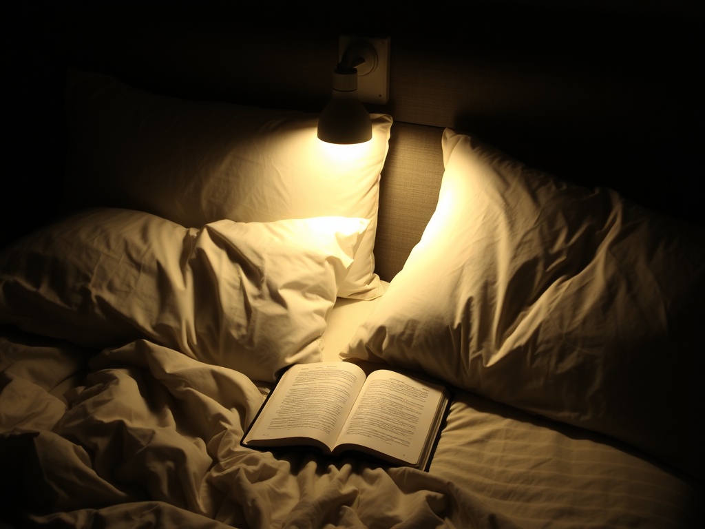 nighttime routine with a dim light, journal, and soft pillows