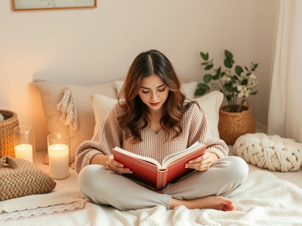 peaceful self-care activity like reading a book in a cozy space