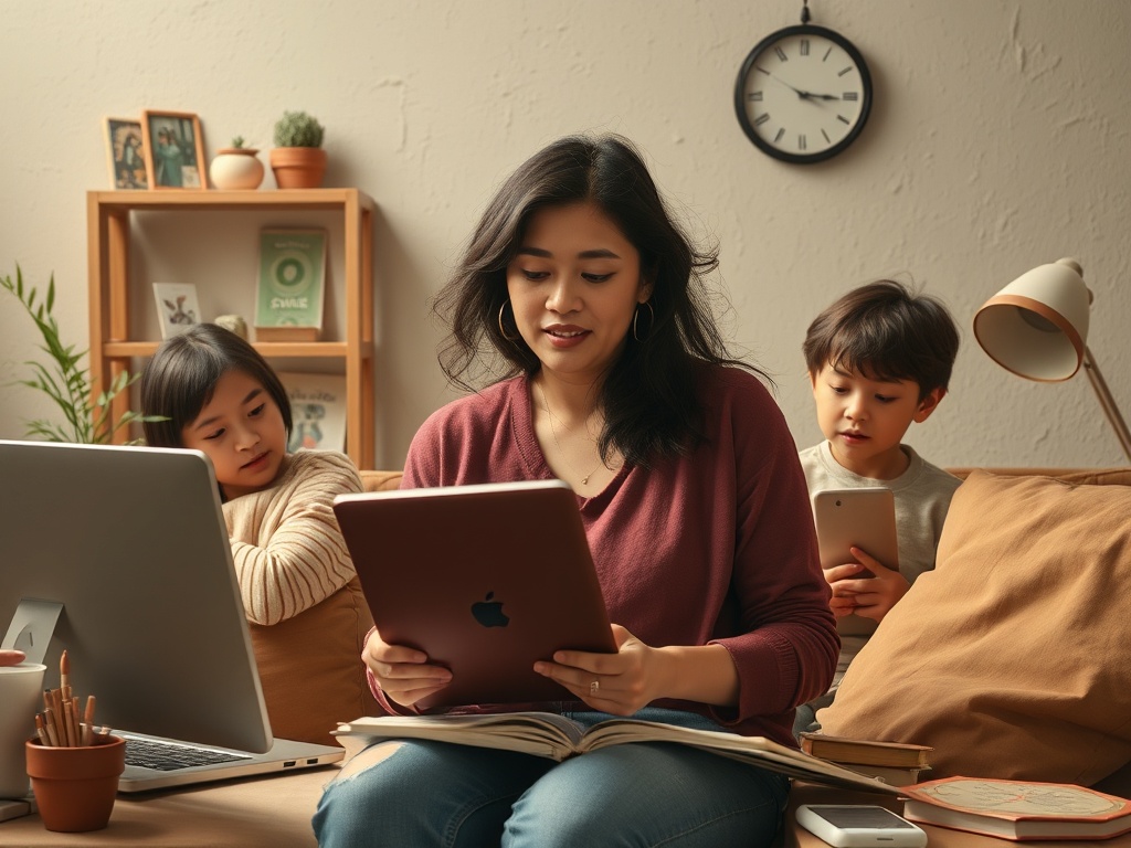 vivid description of a person juggling work, family, and self-care