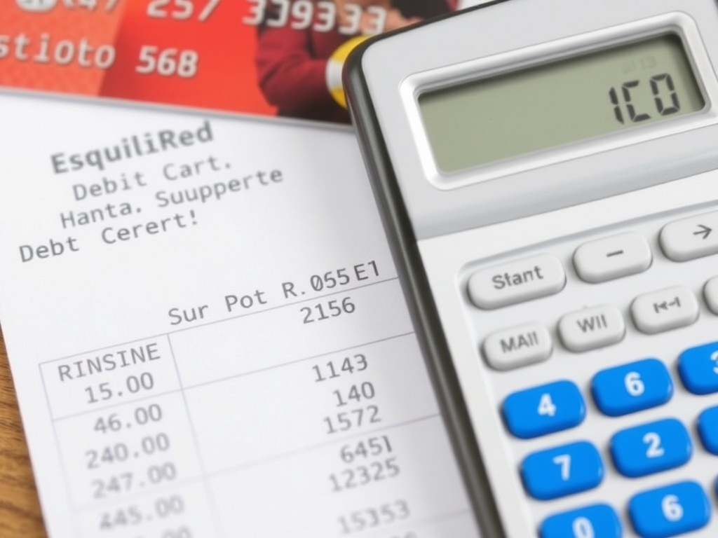 A credit card statement with high interest rates, next to a calculator showing a debt repayment plan.