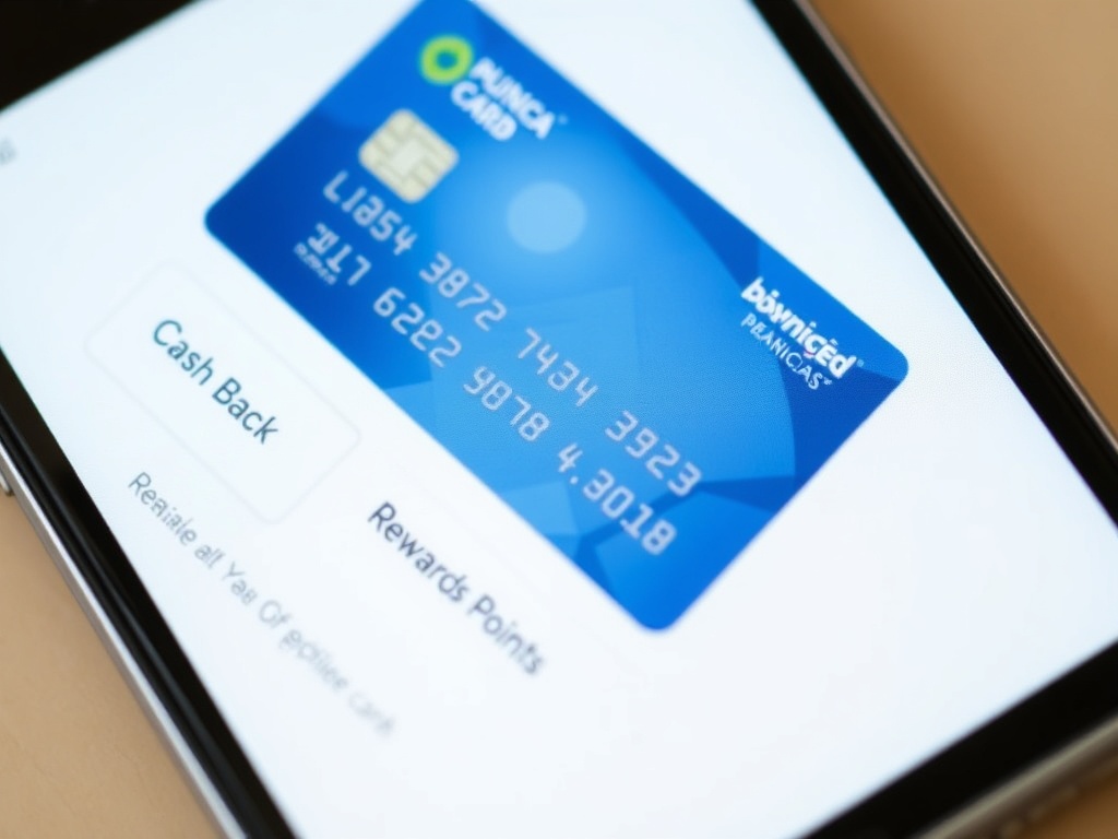 A credit card with cash back and rewards points highlighted on the screen of a phone.