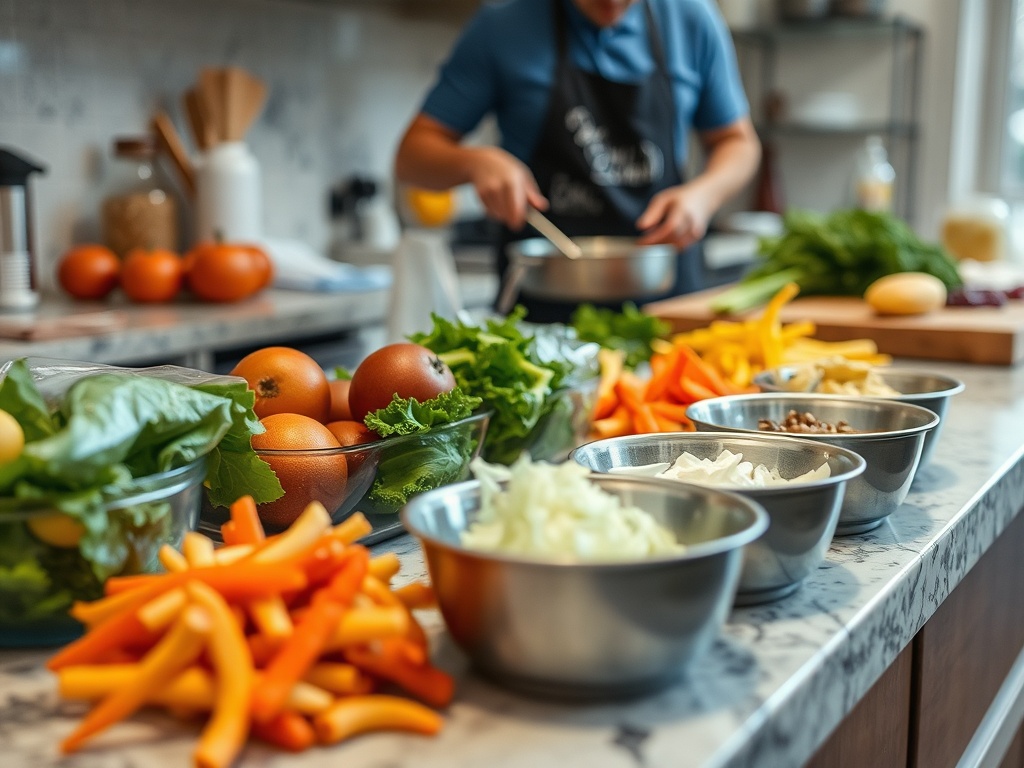 A kitchen counter with prepared meal ingredients, a person cooking in the background.