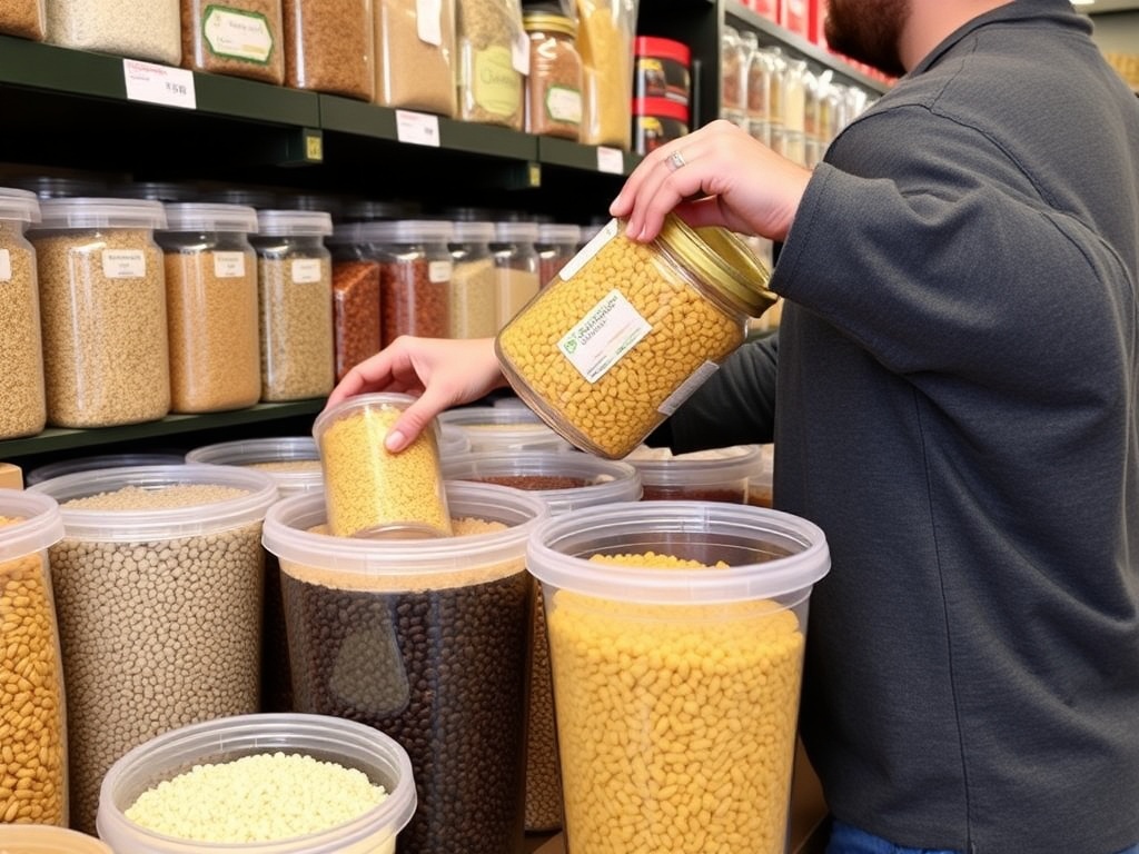 A person at a bulk goods store, filling up reusable containers with grains, beans, and pasta.