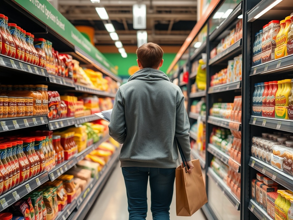 A person shopping with a grocery list in hand, walking past tempting aisles.