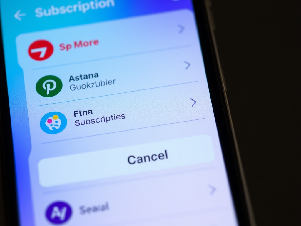 A phone screen showing various subscription services with a cancel button highlighted.