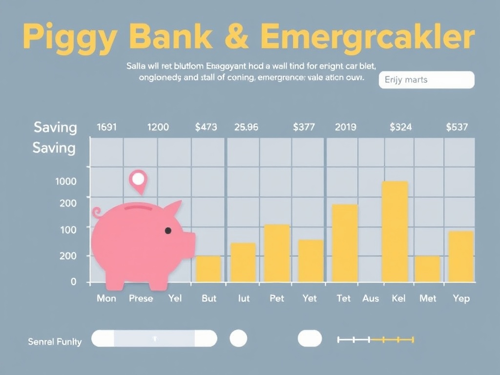 A piggy bank and emergency fund savings tracker with a chart showing progress.