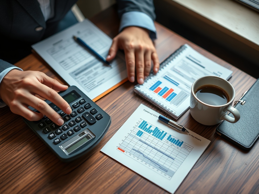 A vivid image of a person managing finances at a desk with a calculator, notebook, and coffee cup.
