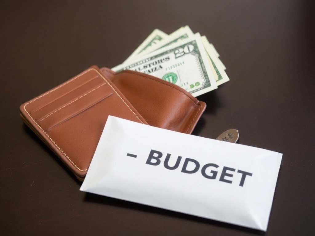 A wallet with cash and a budget envelope on a table, symbolizing controlled spending.