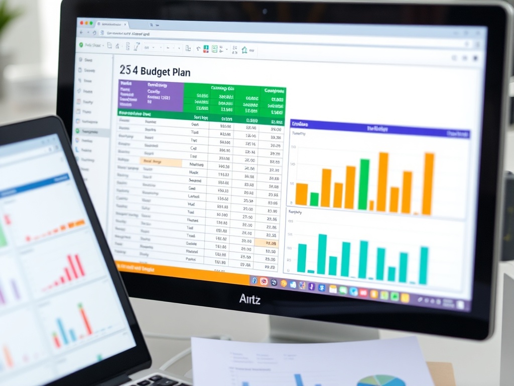 An image of a budget plan or spreadsheet on a computer screen with colorful graphs and charts.