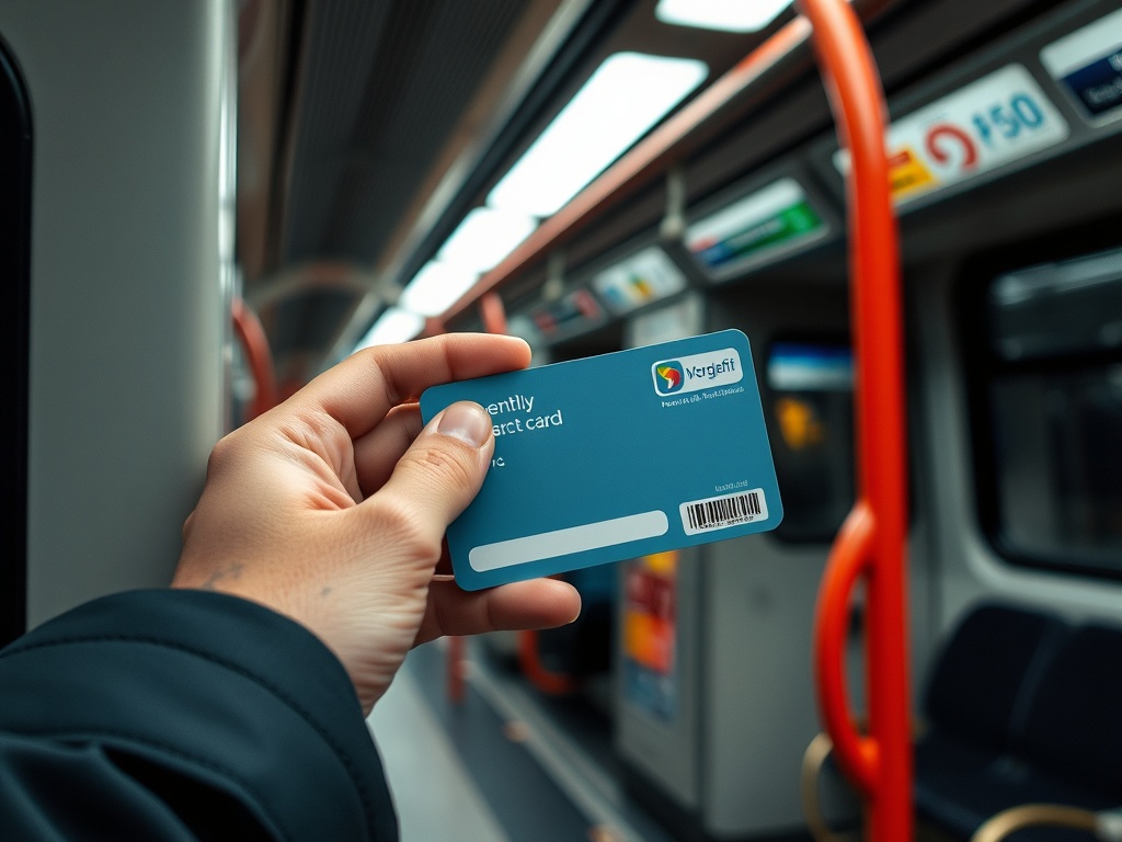 A bus or subway with a person holding a monthly transport card.