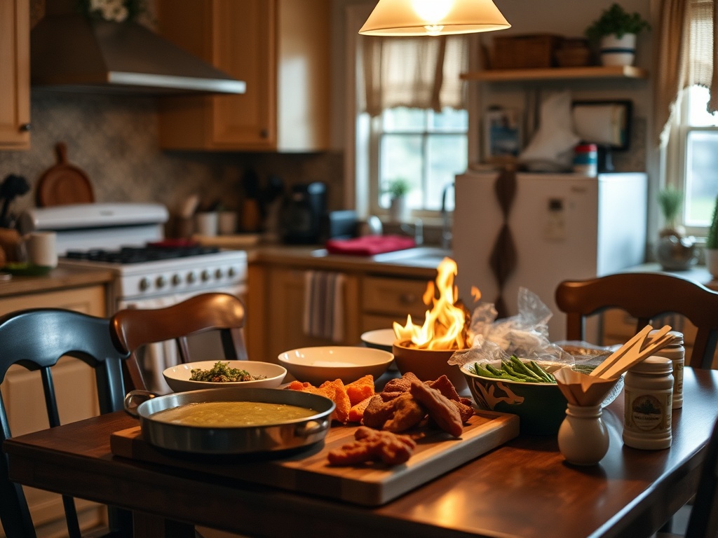 A home-cooked meal in a cozy kitchen setting.