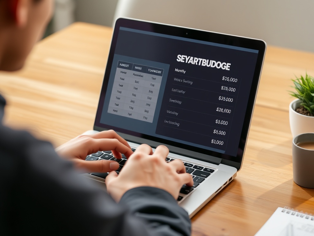 A person setting a budget on a laptop, calculating their monthly spending.