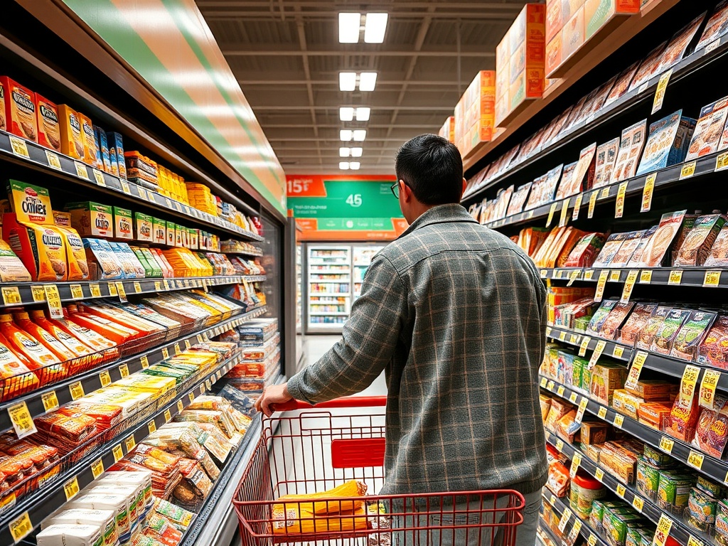 A person shopping in a grocery store with discounts and coupons.